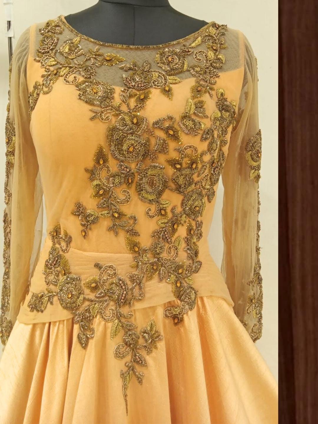 Pastel Peach Floral Zari & Stone Embroidered Embellished Barbie Style Gown Dress