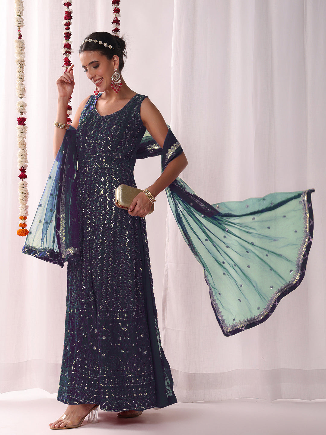 Chhabra 555 Chikankari Embroidery Sequinned Indo-western Front-Slit Kurta Set with Flared Pallazo