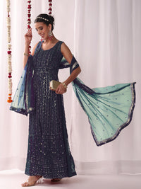 Chhabra 555 Chikankari Embroidery Sequinned Indo-western Front-Slit Kurta Set with Flared Pallazo