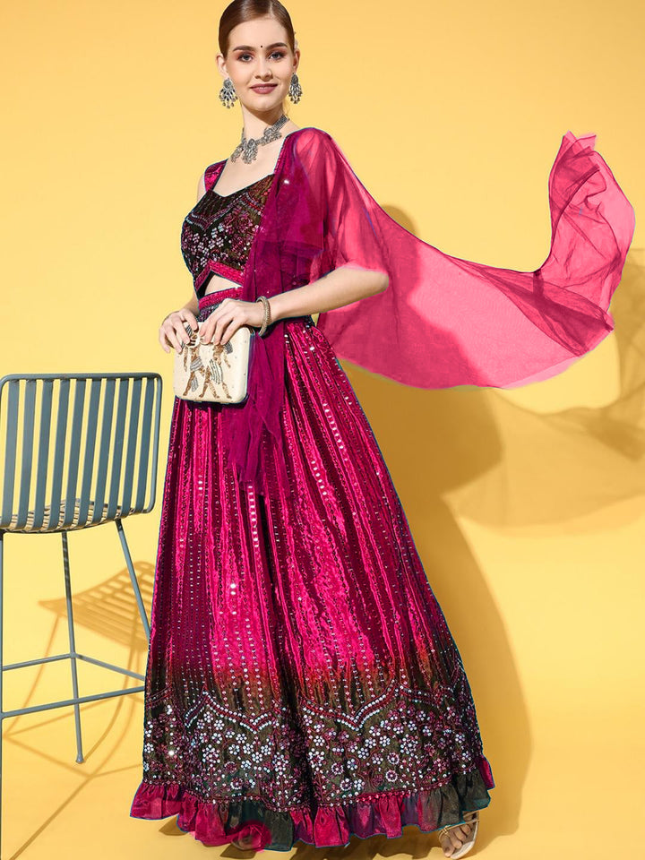 Magenta Sequin Embroidery Ombre Lehanga Set in Ruffled Chinon Crepe