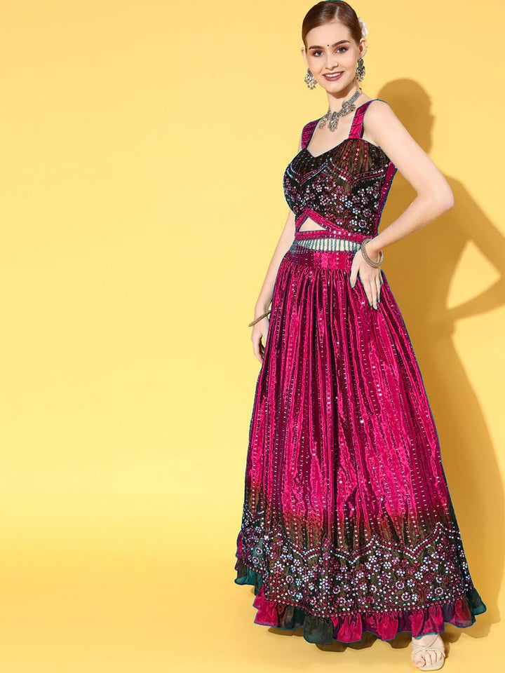 Magenta Sequin Embroidery Ombre Lehanga Set in Ruffled Chinon Crepe
