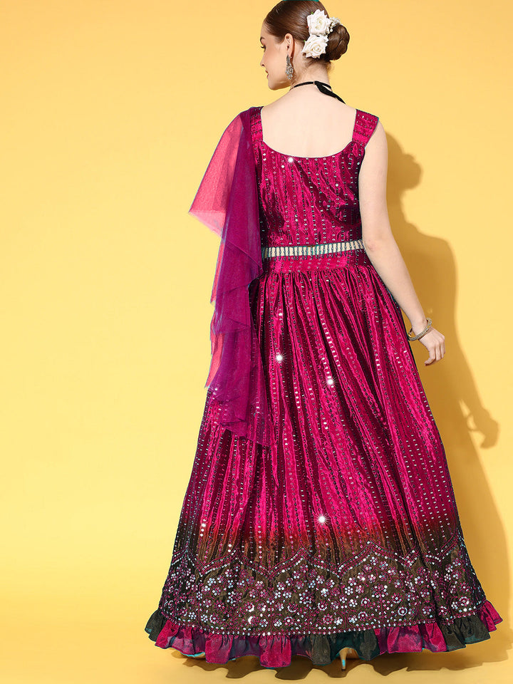 Magenta Sequin Embroidery Ombre Lehanga Set in Ruffled Chinon Crepe