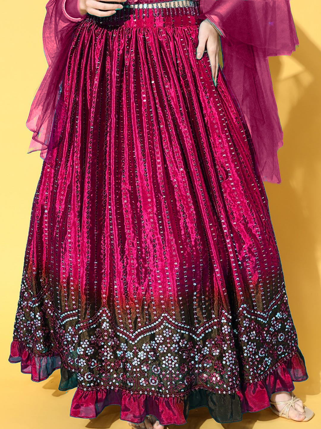 Magenta Sequin Embroidery Ombre Lehanga Set in Ruffled Chinon Crepe
