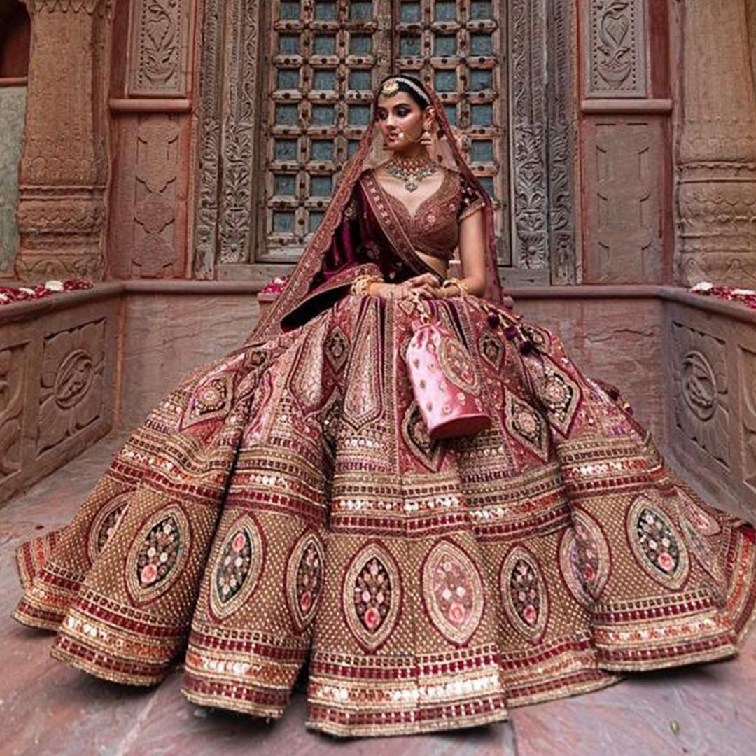 Maroon Embroidered Barbie Style Bridal Lehenga Choli Dupatta Set