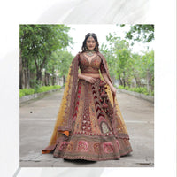 Maroon Embroidered Bridal Lehenga Choli Set With Contrast Net Dupatta
