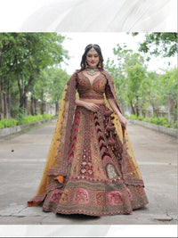 Maroon Embroidered Bridal Lehenga Choli Set With Contrast Net Dupatta