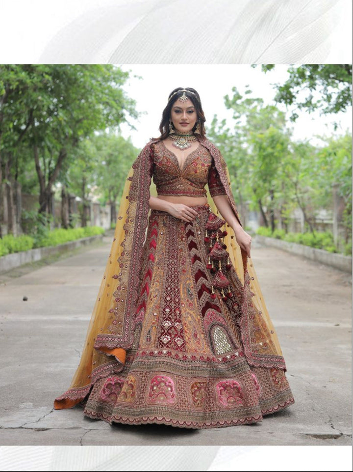Maroon Embroidered Bridal Lehenga Choli Set With Contrast Net Dupatta