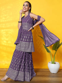 Chhabra 555 Foil Print Peplum Style Flared Georgette Gharara Set with Khari Print Floral Motifs