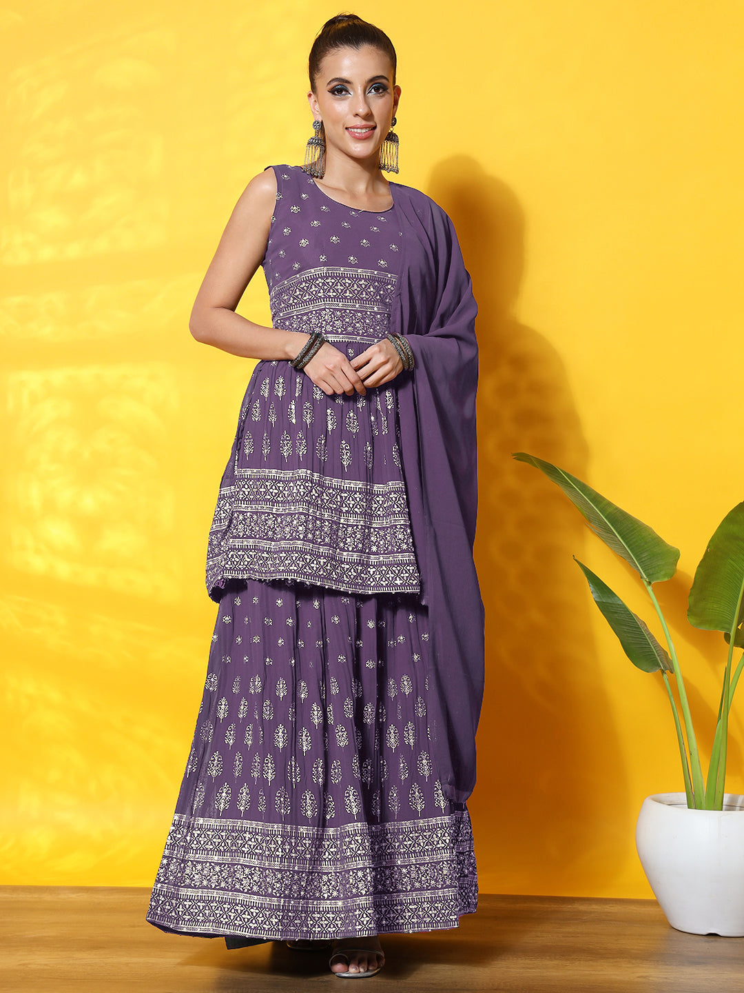 Chhabra 555 Foil Print Peplum Style Flared Georgette Gharara Set with Khari Print Floral Motifs