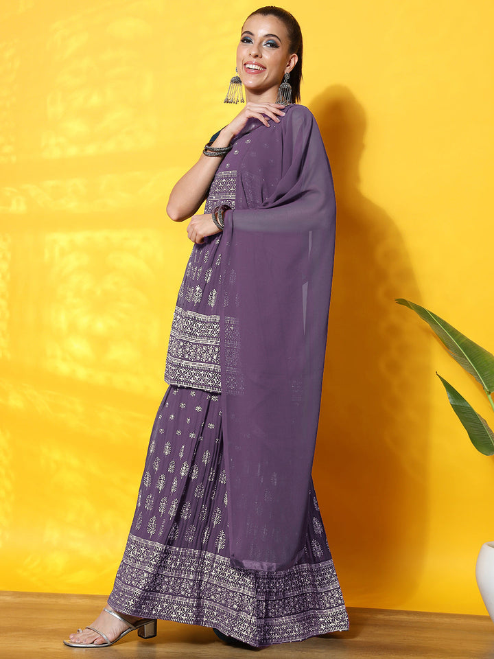 Chhabra 555 Foil Print Peplum Style Flared Georgette Gharara Set with Khari Print Floral Motifs