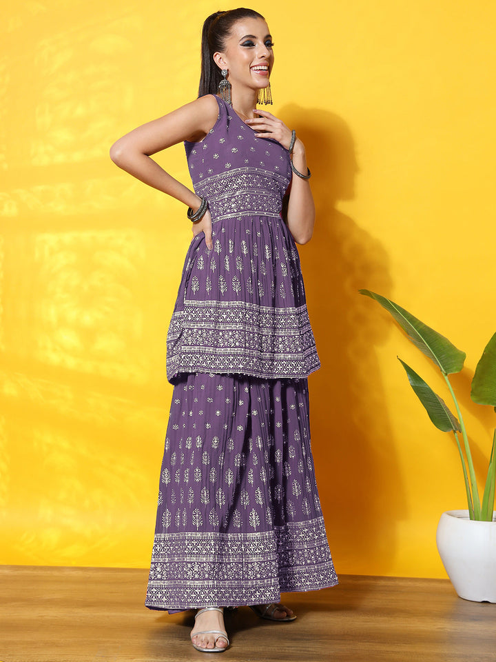 Chhabra 555 Foil Print Peplum Style Flared Georgette Gharara Set with Khari Print Floral Motifs