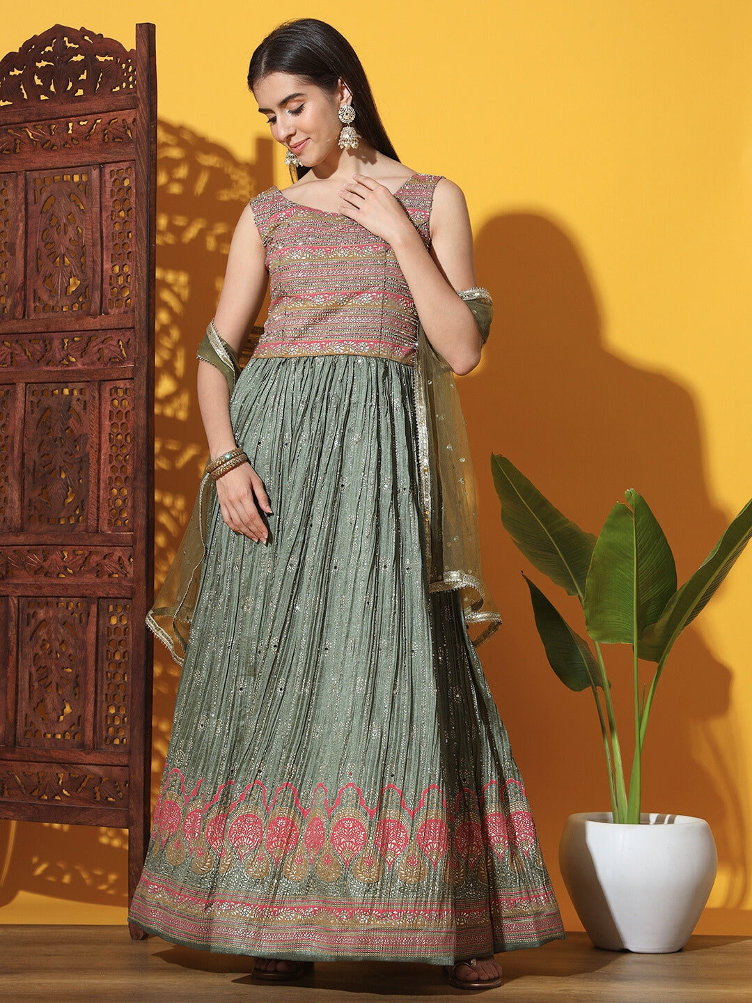 Embellished Anarkali Gown with Accordion Pleats & Multicolor Motifs
