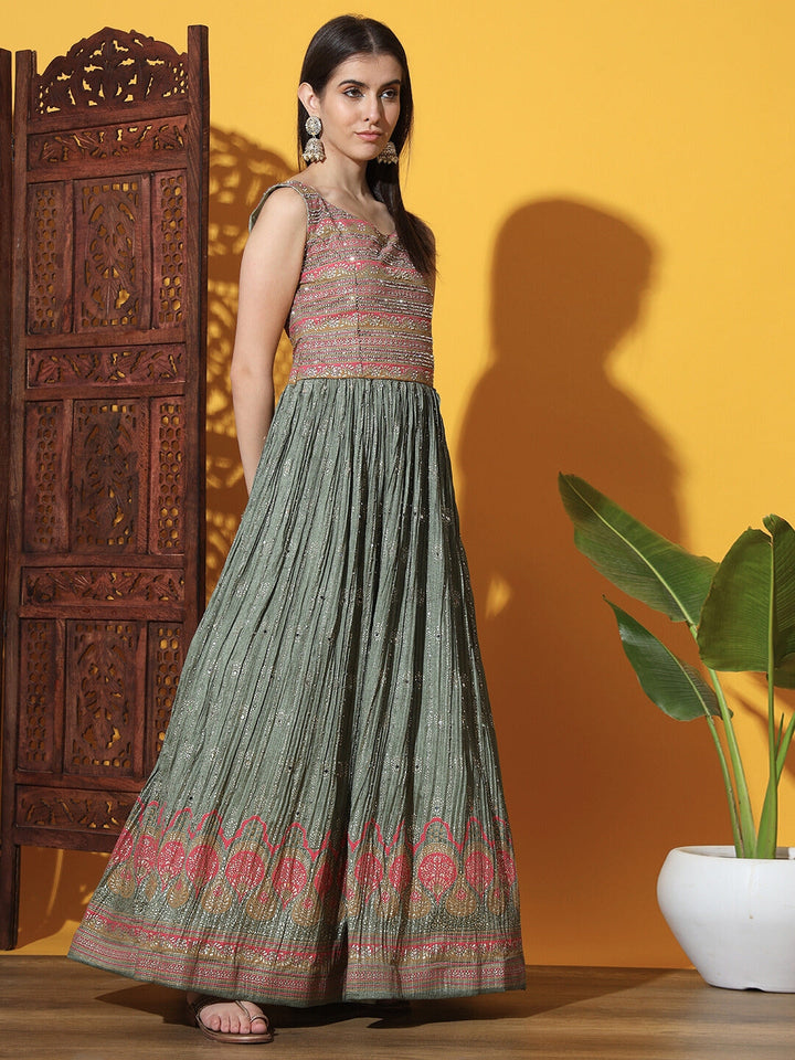 Embellished Anarkali Gown with Accordion Pleats & Multicolor Motifs