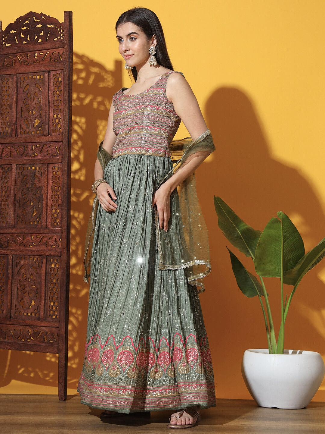 Embellished Anarkali Gown with Accordion Pleats & Multicolor Motifs