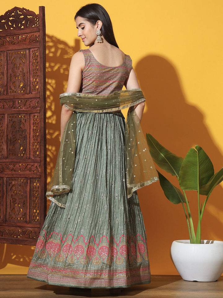 Embellished Anarkali Gown with Accordion Pleats & Multicolor Motifs