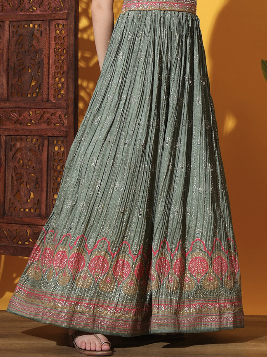 Embellished Anarkali Gown with Accordion Pleats & Multicolor Motifs