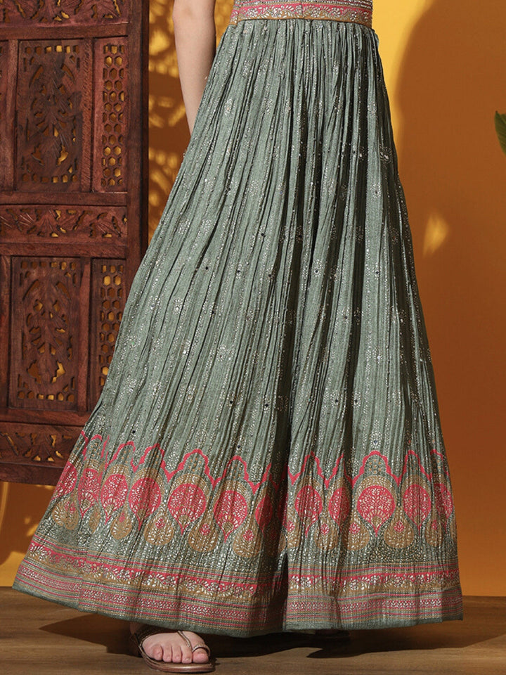 Embellished Anarkali Gown with Accordion Pleats & Multicolor Motifs
