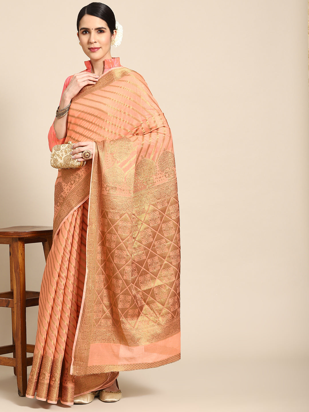 Pastel Green Banarasi Striped Oxidised Gold Zari Woven Chanderi Saree