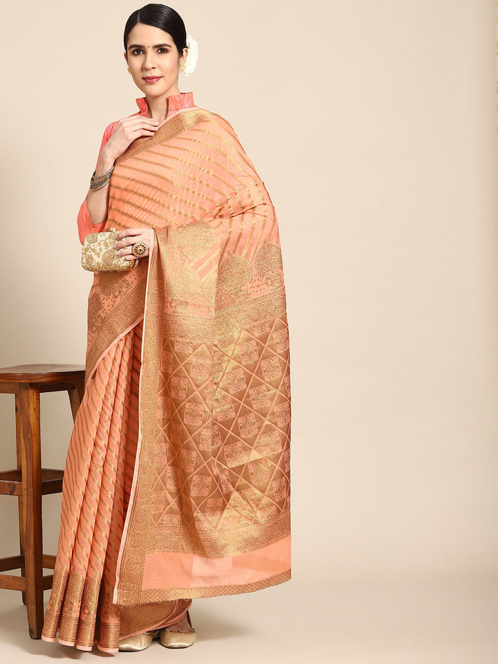 Pastel Green Banarasi Striped Oxidised Gold Zari Woven Chanderi Saree