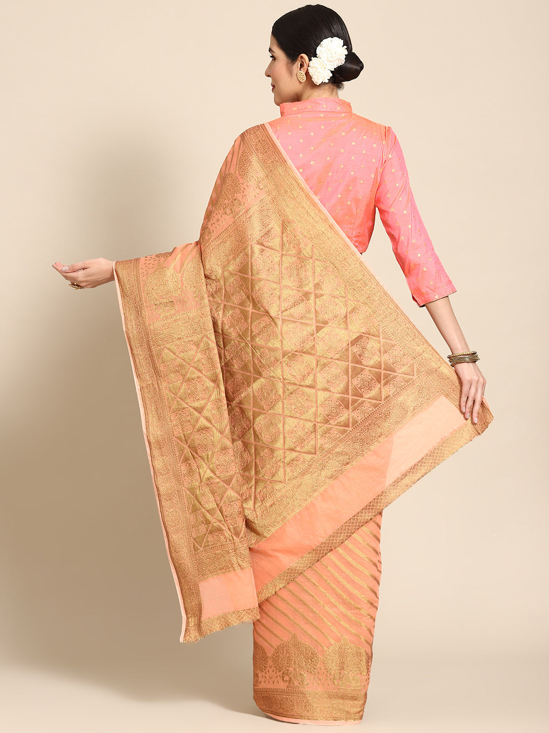 Pastel Green Banarasi Striped Oxidised Gold Zari Woven Chanderi Saree