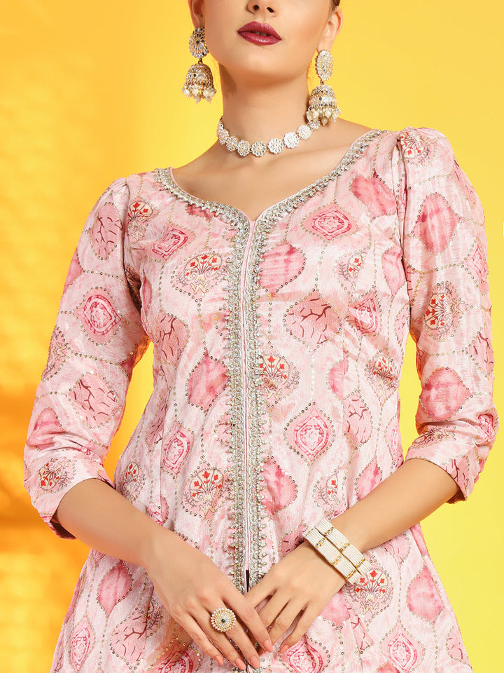 Pastel Pink Kurta & Pleated Palazzo Set with Digital Print and Sequin Embroidery