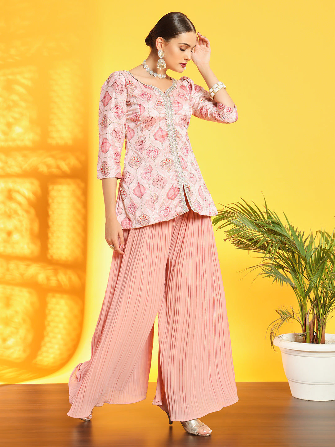 Pastel Pink Kurta & Pleated Palazzo Set with Digital Print and Sequin Embroidery