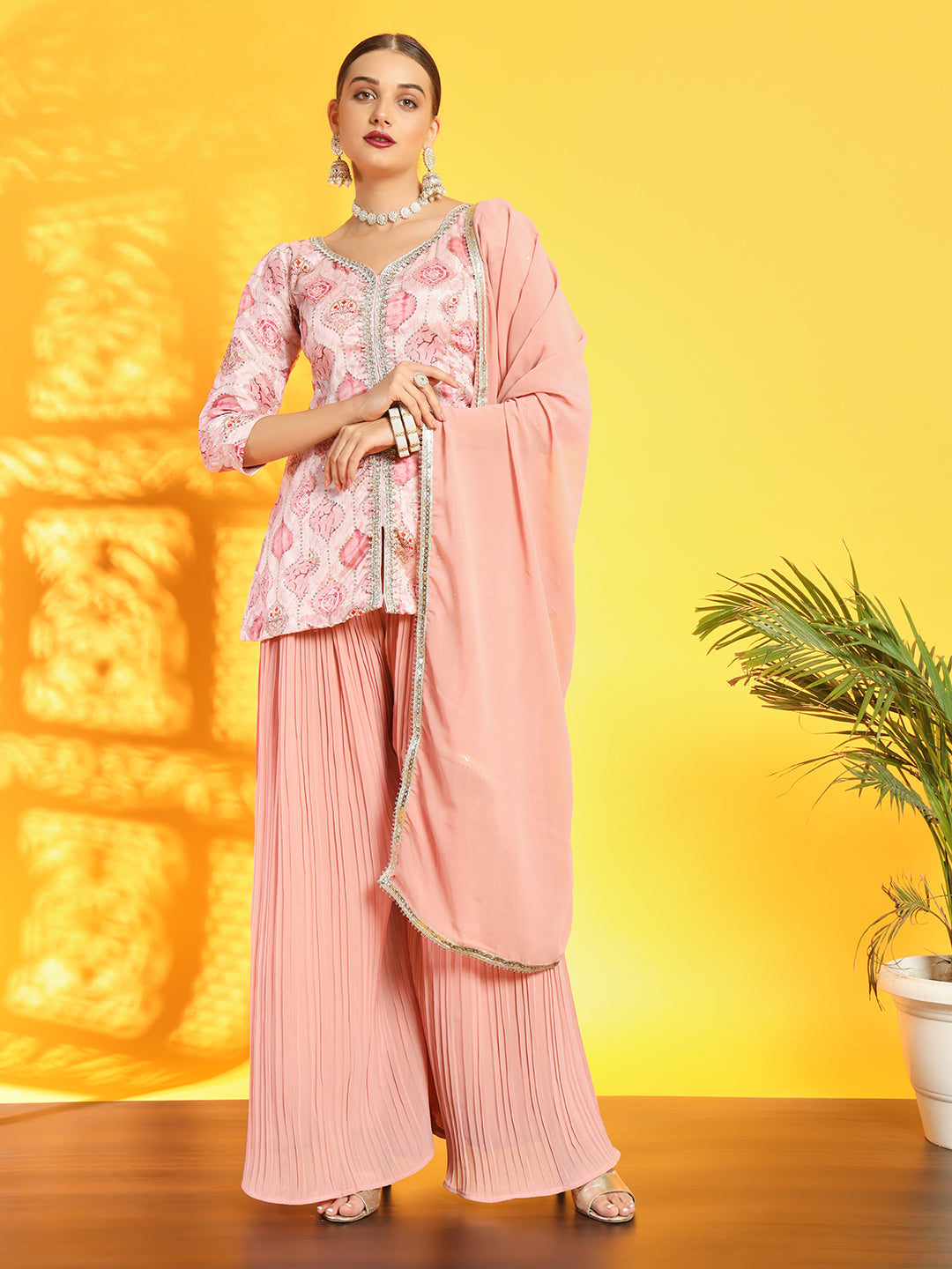 Pastel Pink Kurta & Pleated Palazzo Set with Digital Print and Sequin Embroidery