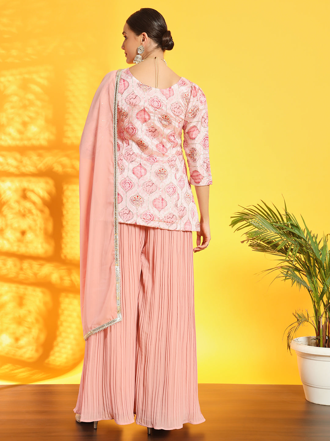Pastel Pink Kurta & Pleated Palazzo Set with Digital Print and Sequin Embroidery