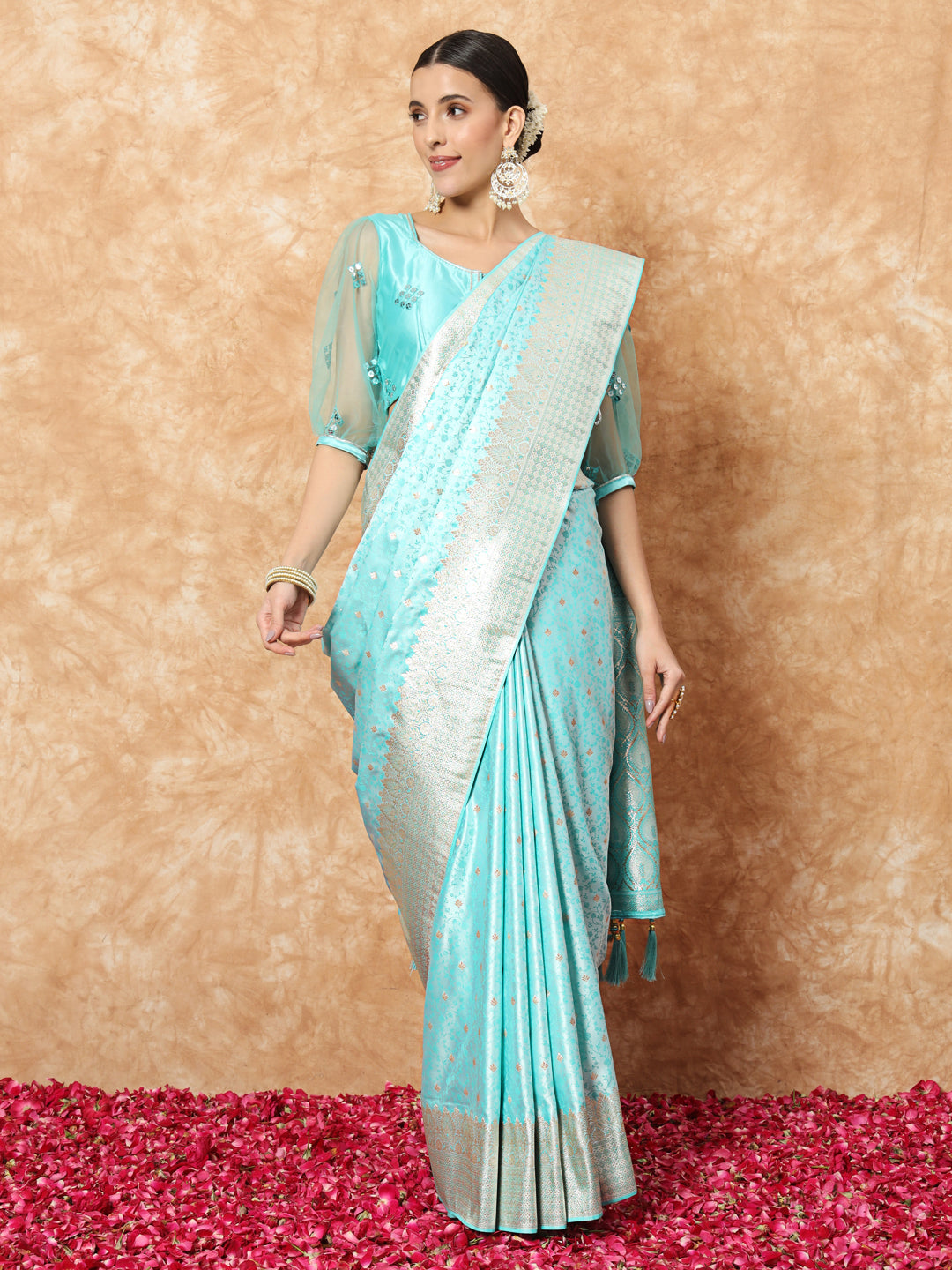 Pastel Banarasi Handloom Silk Saree with Self-weaving Ethnic butties
