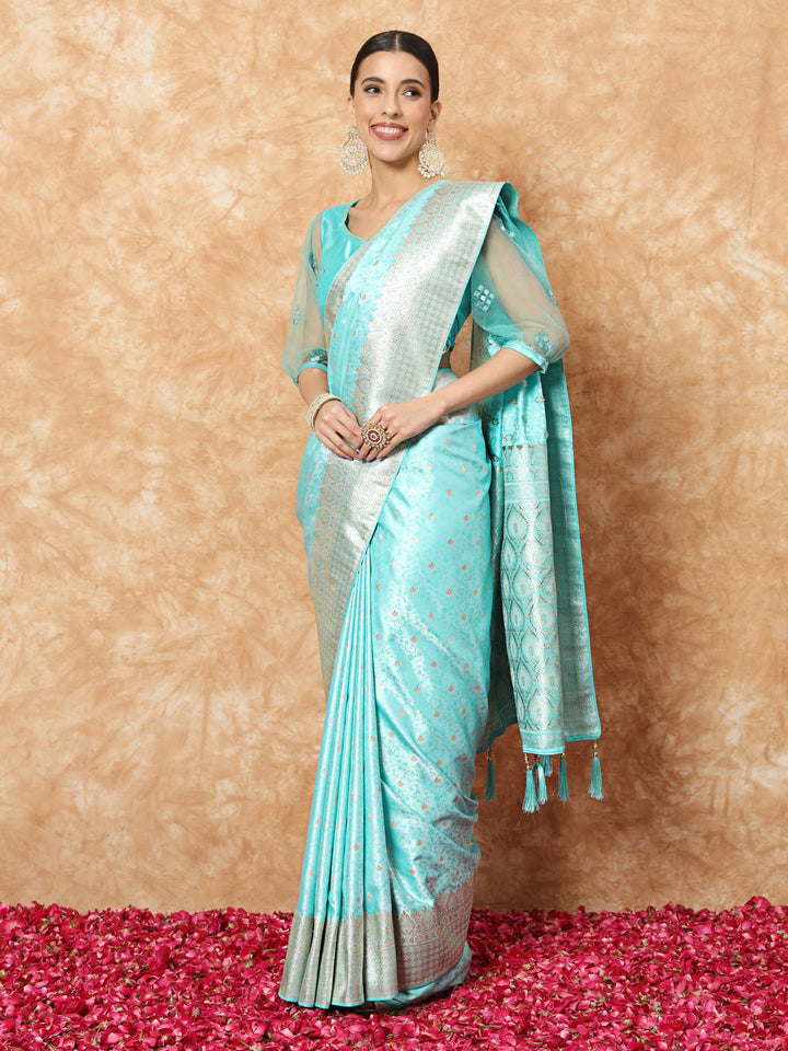Pastel Banarasi Handloom Silk Saree with Self-weaving Ethnic butties