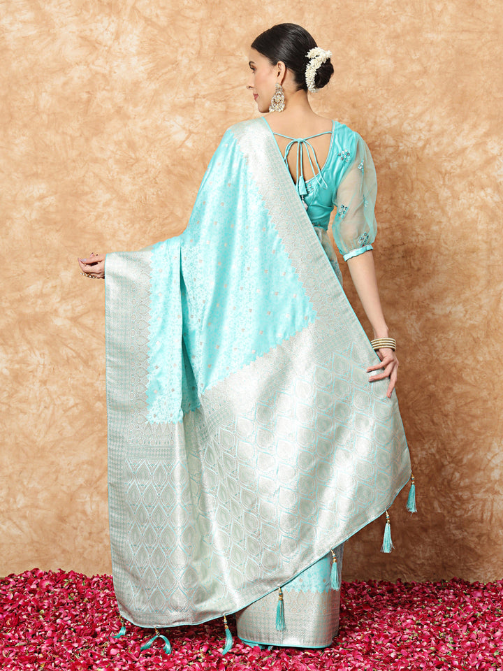 Pastel Banarasi Handloom Silk Saree with Self-weaving Ethnic butties