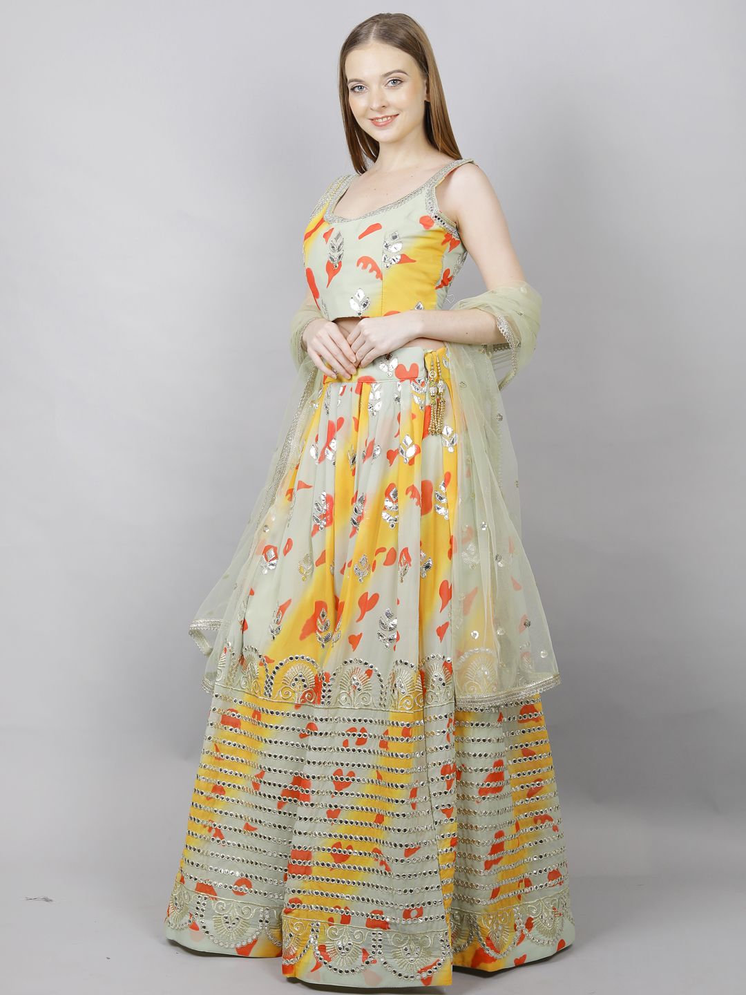 Multi Color Printed Lehenga Choli Set Embellished With Gota-Patti Work