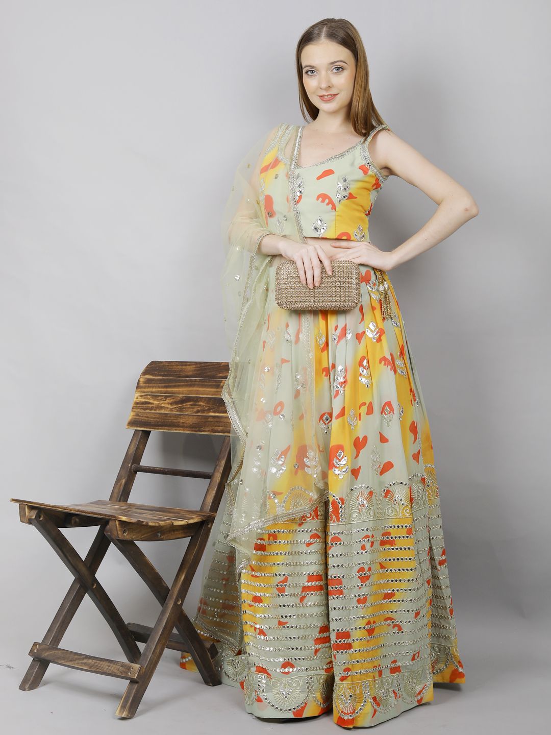 Multi Color Printed Lehenga Choli Set Embellished With Gota-Patti Work