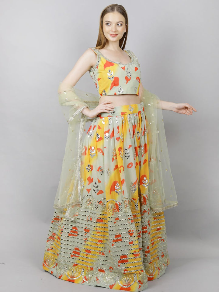 Multi Color Printed Lehenga Choli Set Embellished With Gota-Patti Work