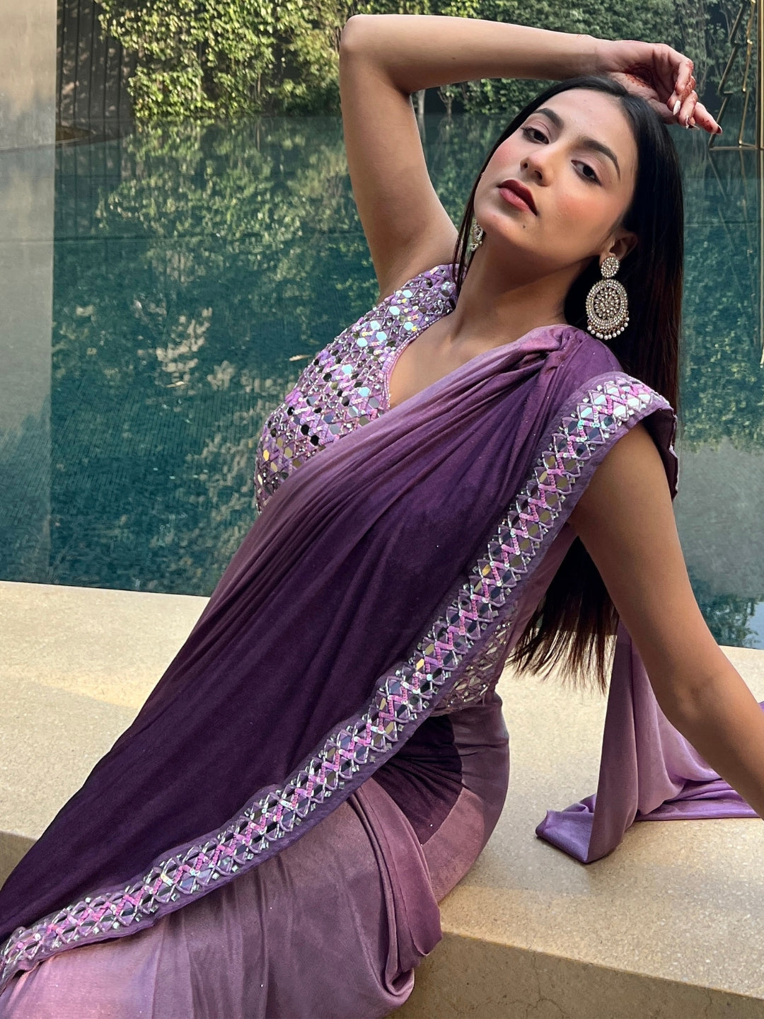 Purple Ombre Saree With Mirror & Crystal Embellished Blouse