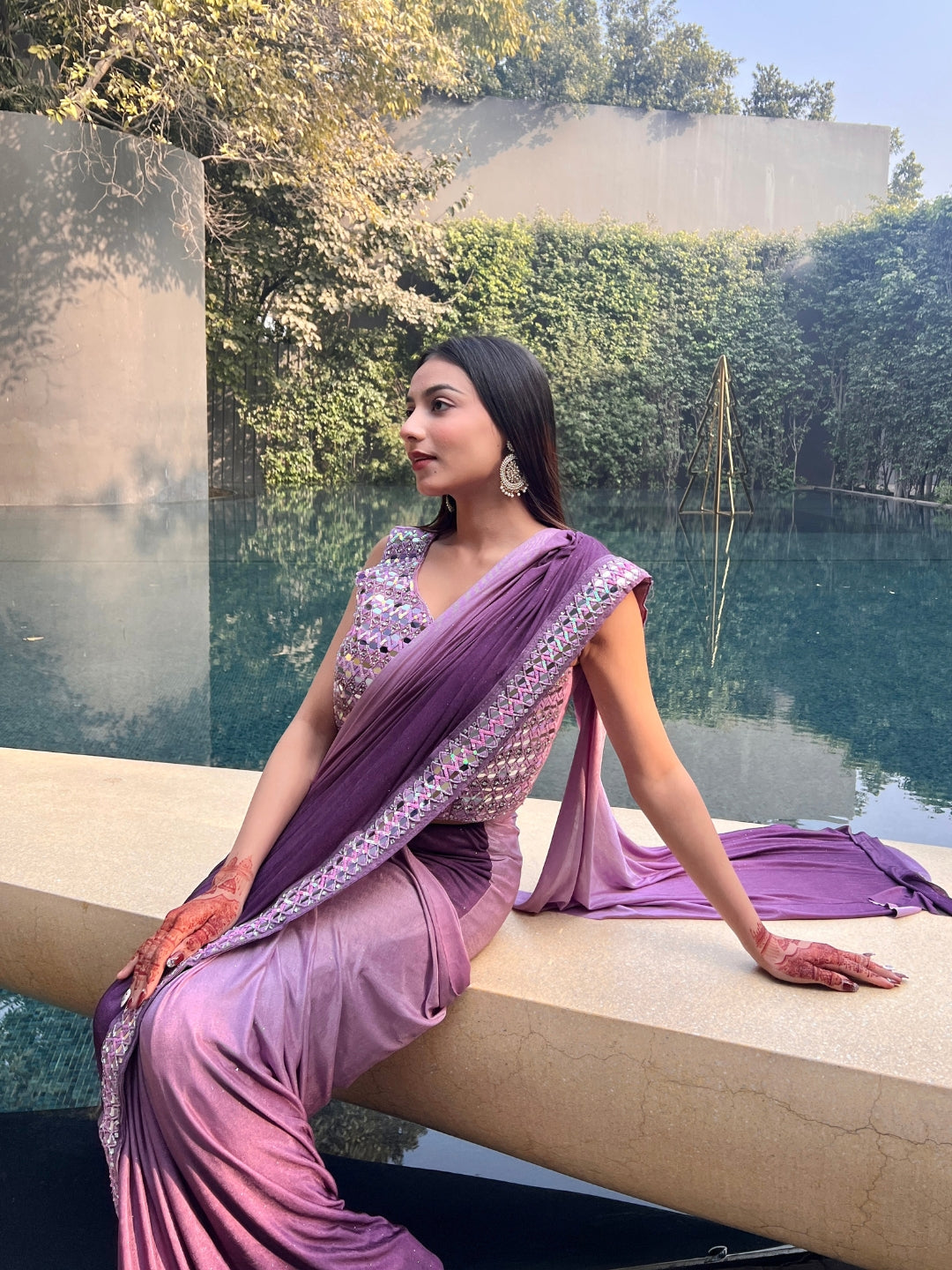 Purple Ombre Saree With Mirror & Crystal Embellished Blouse