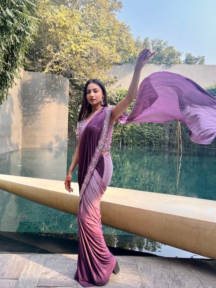 Purple Ombre Saree With Mirror & Crystal Embellished Blouse