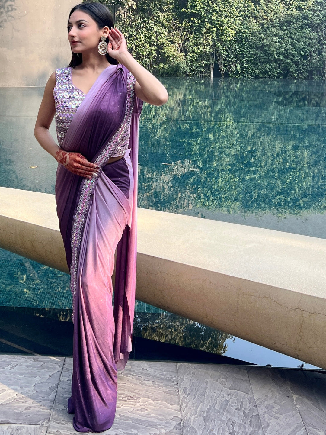 Purple Ombre Saree With Mirror & Crystal Embellished Blouse