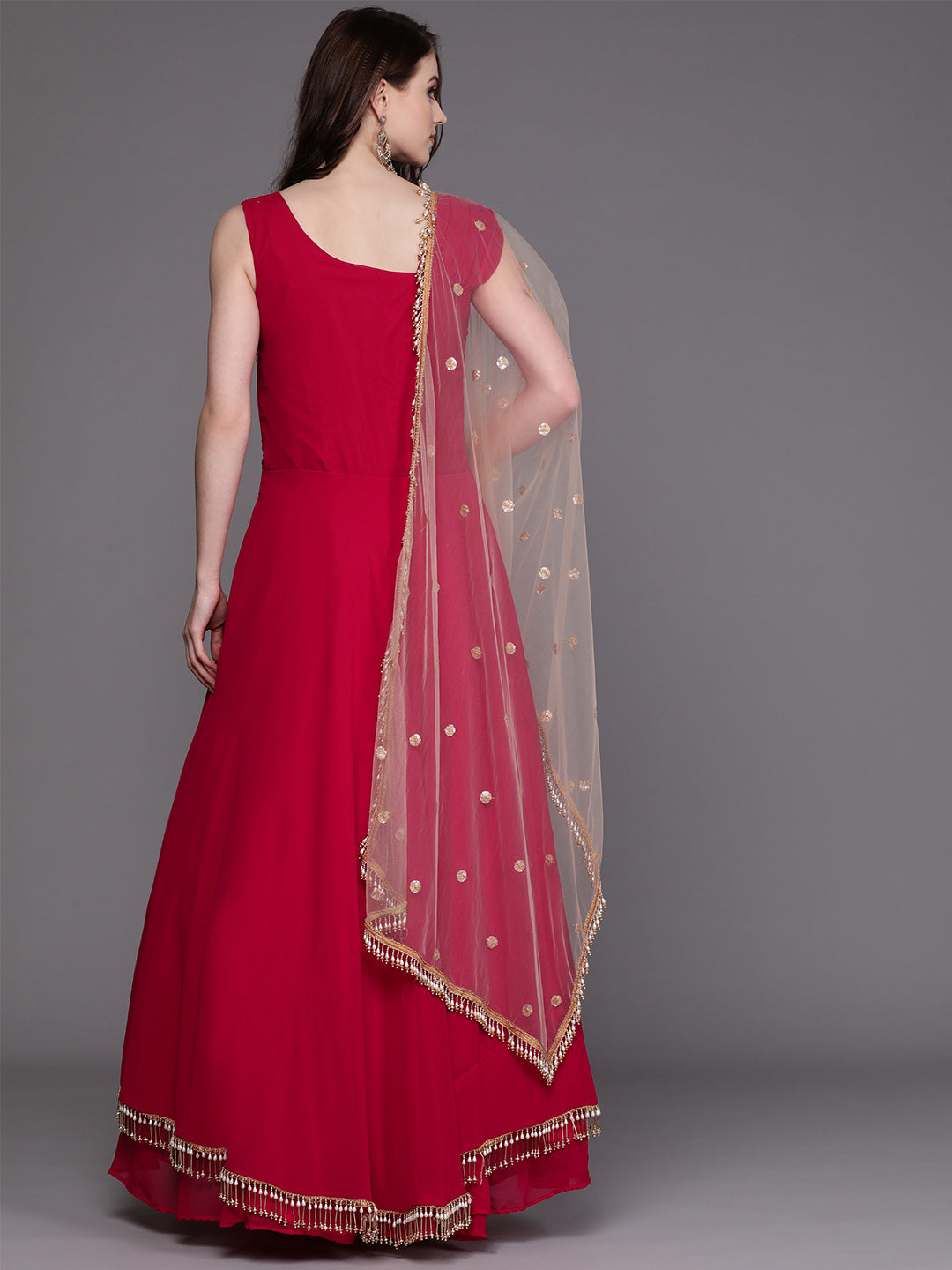 Layered Gown with Tassels and Gold Embellished Dupatta