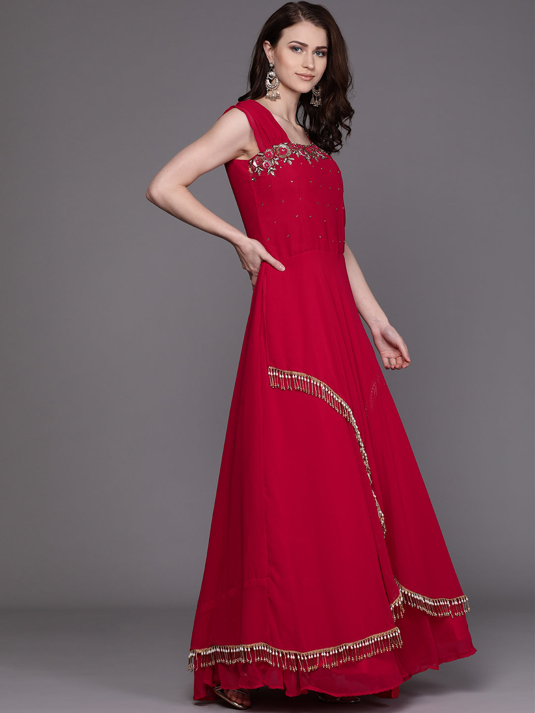 Layered Gown with Tassels and Gold Embellished Dupatta