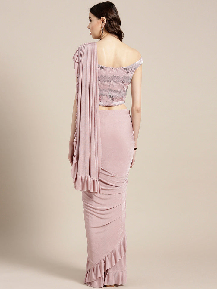 Draped Ruffled Pre-stitched Saree with Off-shoulder Sequin Embellished Blouse