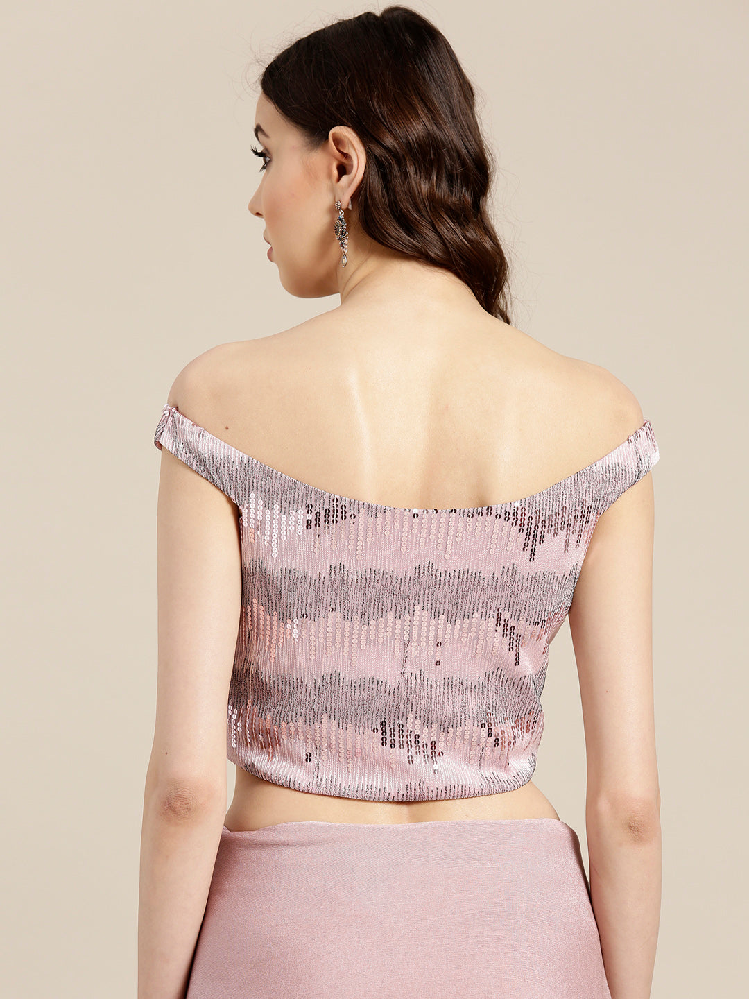 Draped Ruffled Pre-stitched Saree with Off-shoulder Sequin Embellished Blouse