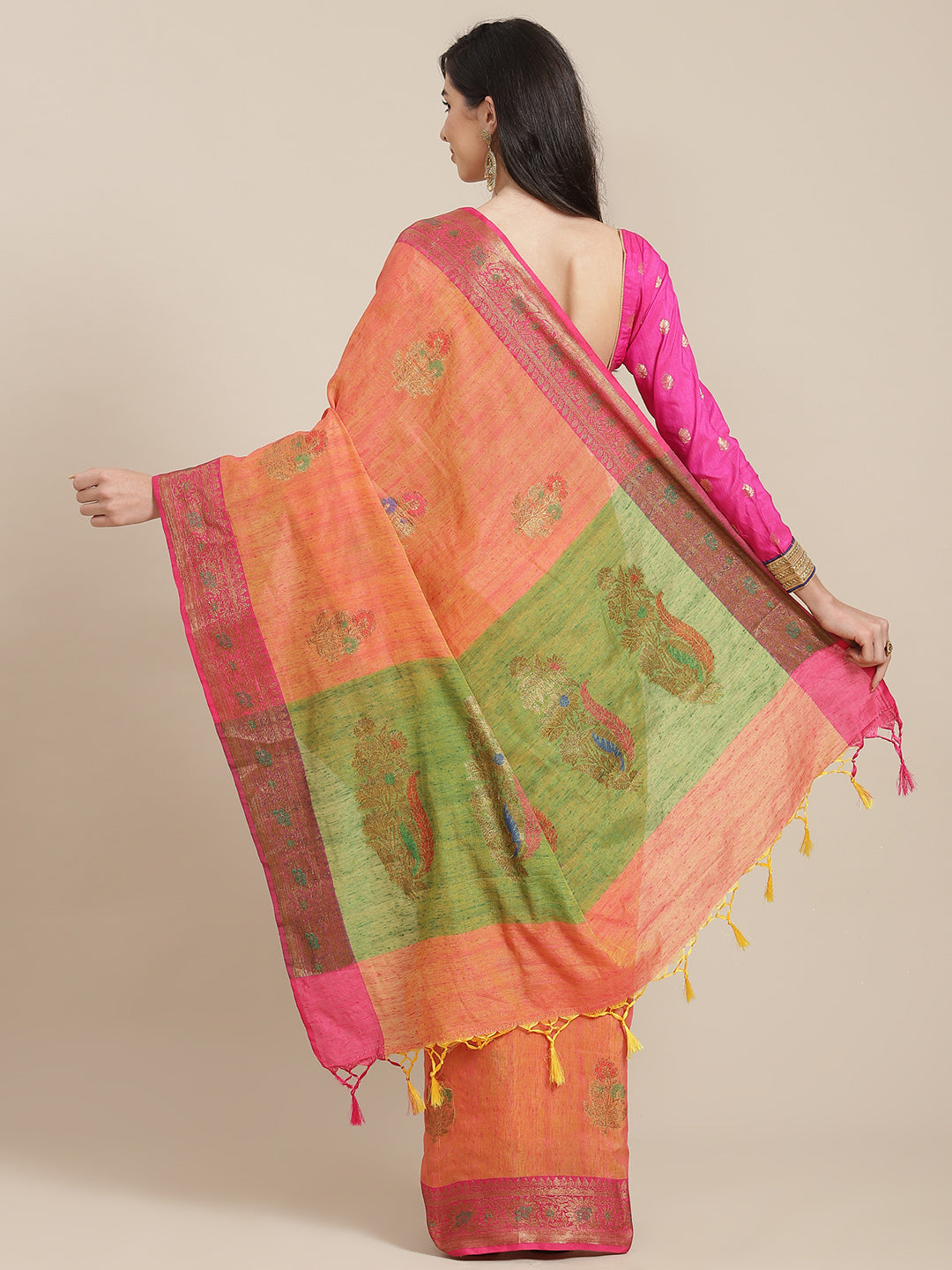 Peach Zari Embellished Floral Royal Saree With Contrast Blouse