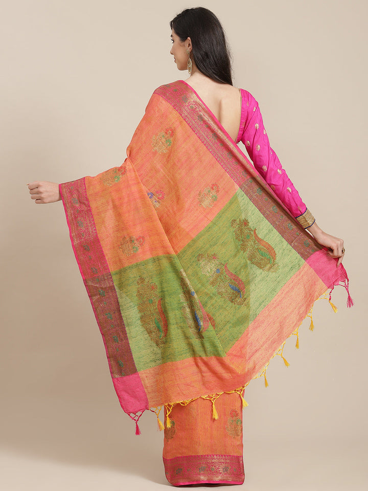 Peach Zari Embellished Floral Royal Saree With Contrast Blouse
