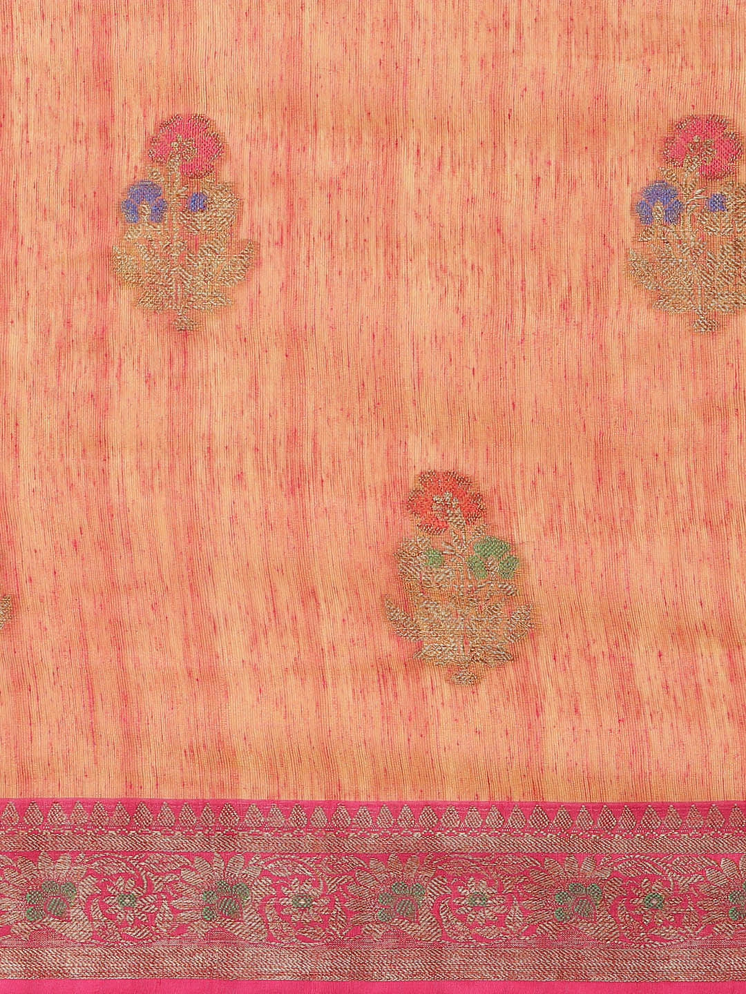 Peach Zari Embellished Floral Royal Saree With Contrast Blouse
