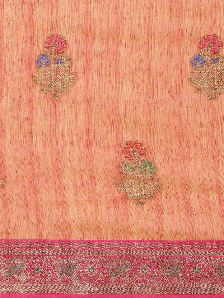 Peach Zari Embellished Floral Royal Saree With Contrast Blouse