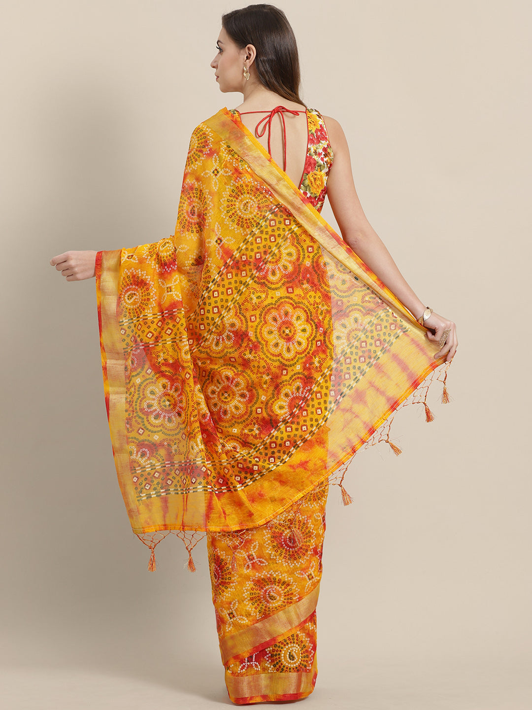 Chanderi Bandhej Print Saree with Zari Border