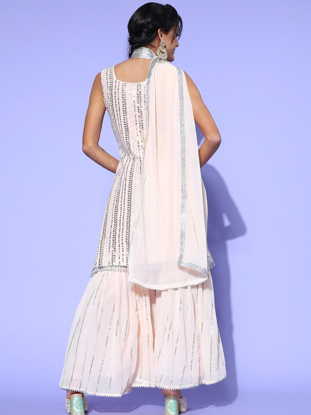 Baby Pink Sequin Embellished Georgette Kurta Sharara Set