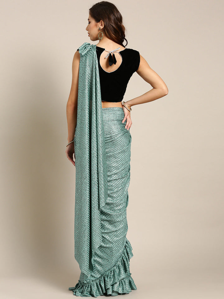 Draped Ruffled Lycra Pre-stitched Saree with Velvet Sequin Embellished Crop Top Blouse