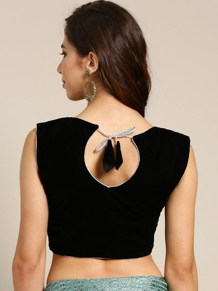 Draped Ruffled Lycra Pre-stitched Saree with Velvet Sequin Embellished Crop Top Blouse
